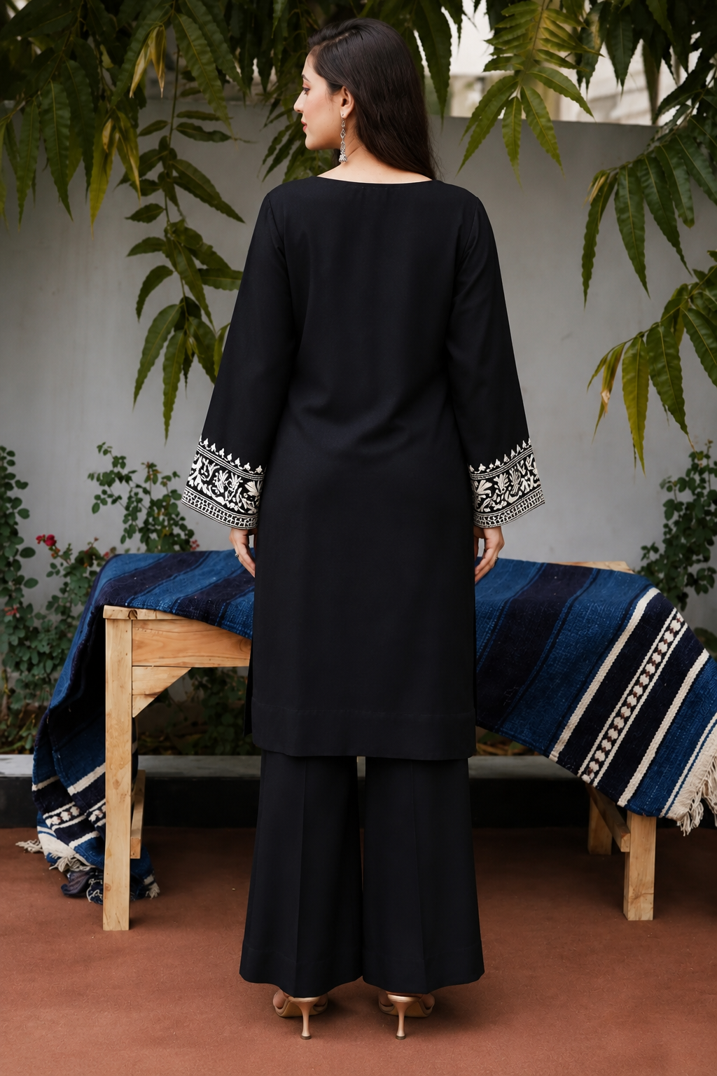 Women's Black Embroidered Kurta Palazzo Set
