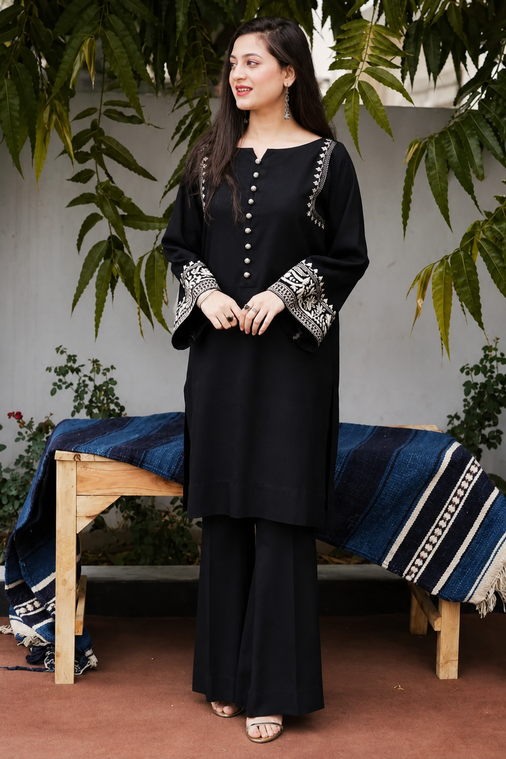Women's Black Embroidered Kurta Palazzo Set
