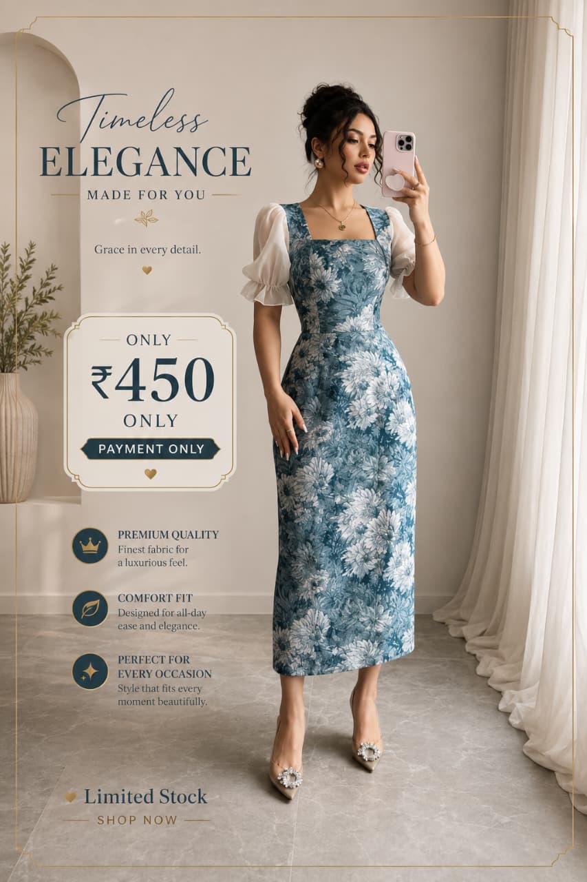 Timeless Elegance Floral Midi Dress for Women | Puff Sleeve Party & Casual Wear | Premium Quality | ₹450