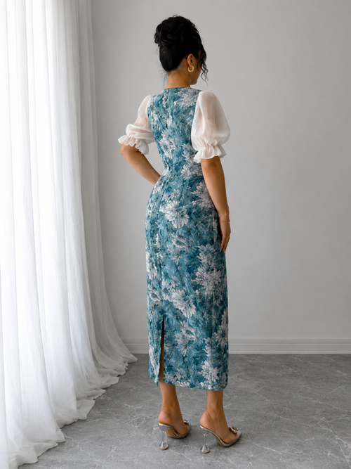 Timeless Elegance Floral Midi Dress for Women | Puff Sleeve Party & Casual Wear | Premium Quality | ₹450
